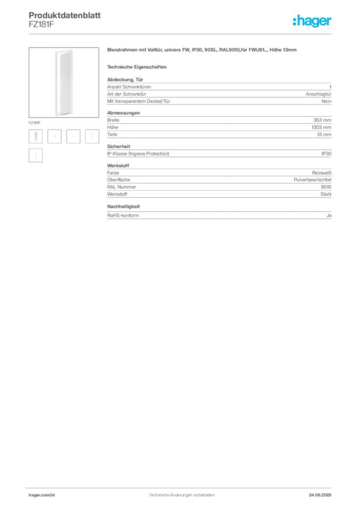 Bild Hager Produktdatenblatt FZ181F | Hager Deutschland