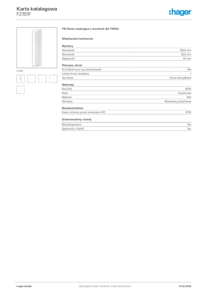 Zdjęcie Hager Karta katalogowa FZ181F | Hager Polska