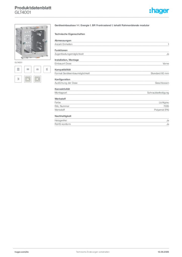 Bild Hager Produktdatenblatt GLT4001 | Hager Deutschland