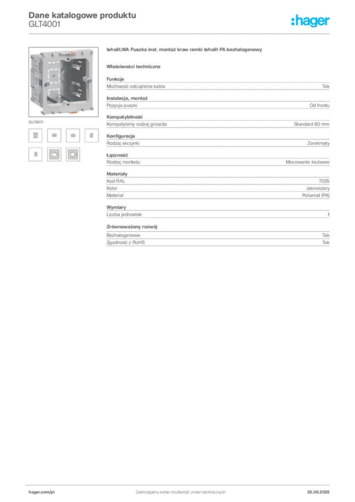Zdjęcie Hager Karta katalogowa GLT4001 | Hager Polska