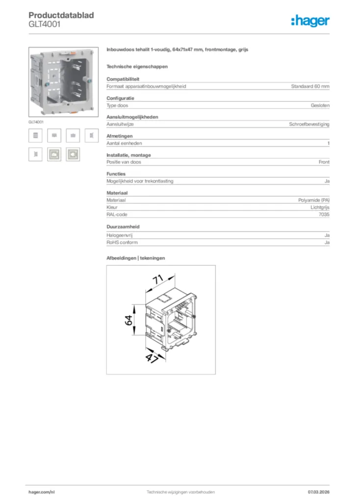 Afbeelding Hager Productdatablad GLT4001 | Hager Nederland