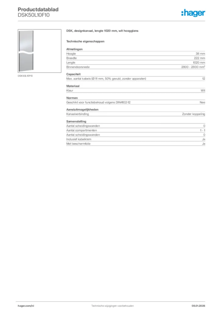 Afbeelding Hager Productdatablad DSK50L10F10 | Hager Nederland
