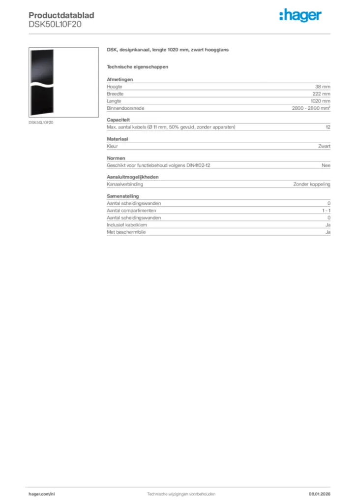 Afbeelding Hager Productdatablad DSK50L10F20 | Hager Nederland