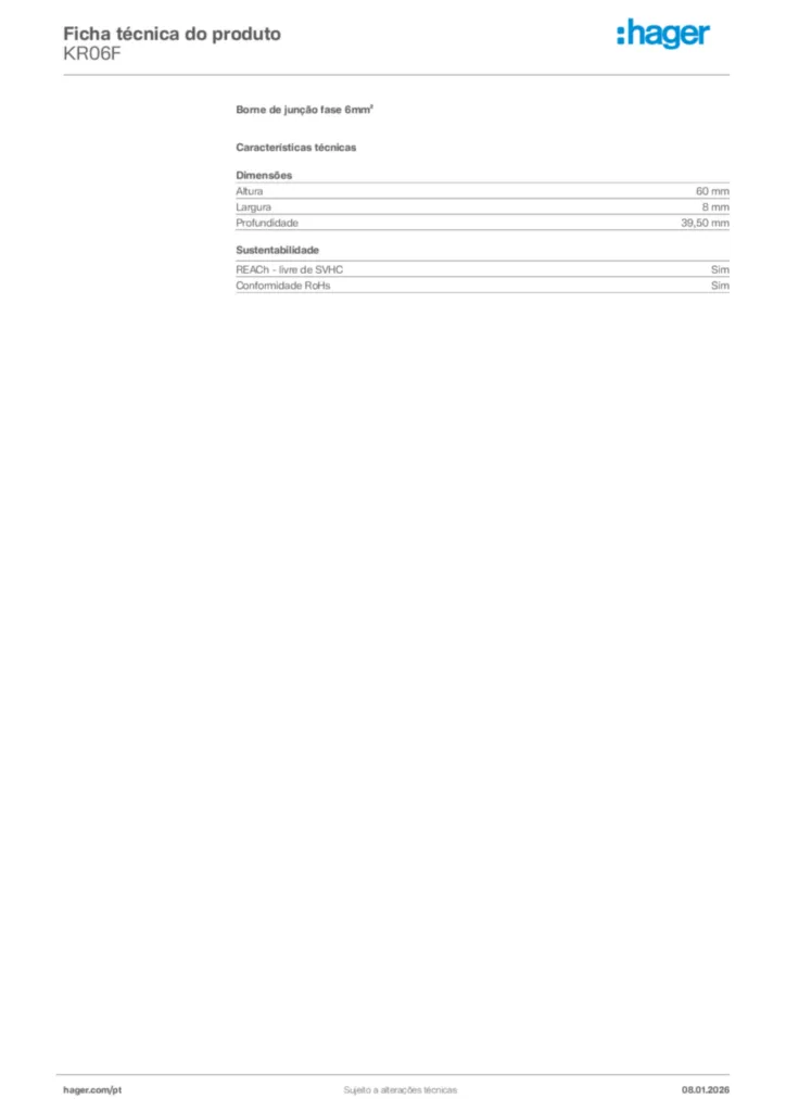 Imagem Hager Ficha técnica do produto KR06F | Hager Portugal