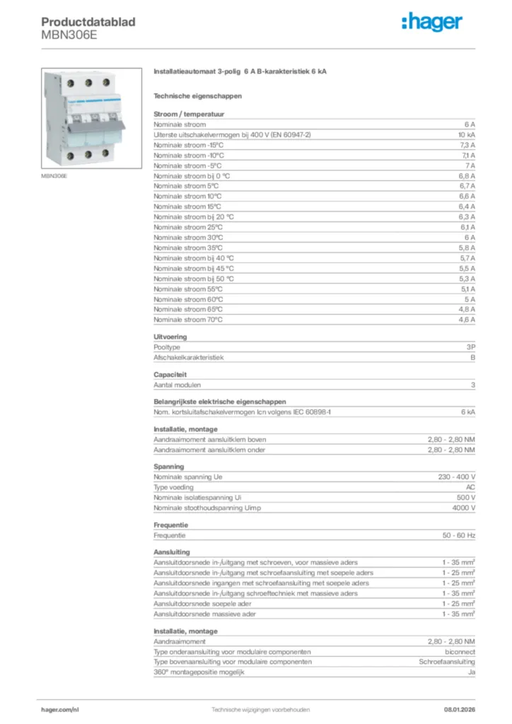 Afbeelding Hager Productdatablad MBN306E | Hager Nederland