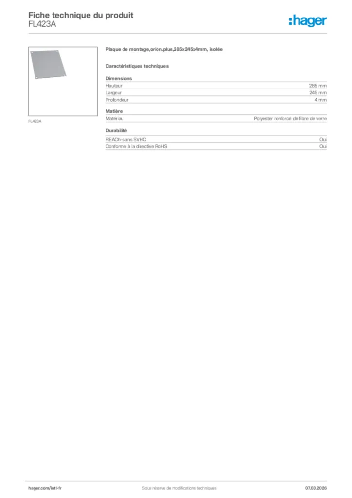 Image Hager Fiche technique du produit FL423A | Hager Afrique