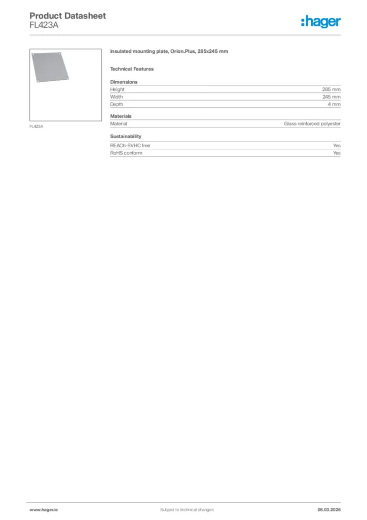 Image Hager Product data sheet FL423A  | Hager