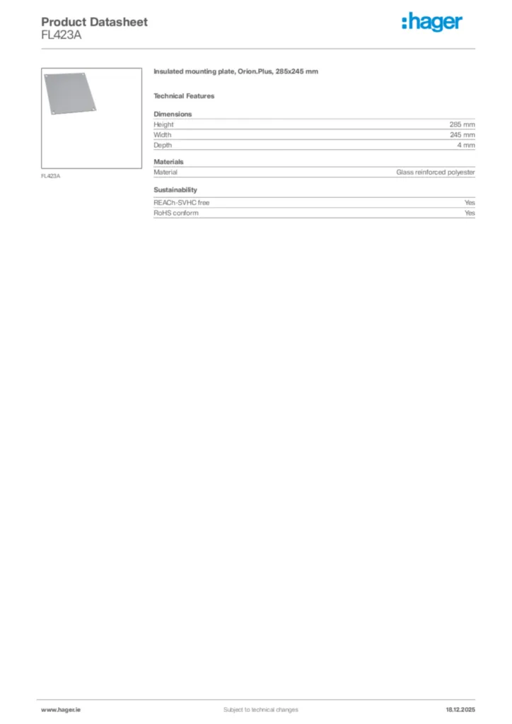 Image Hager Product data sheet FL423A  | Hager
