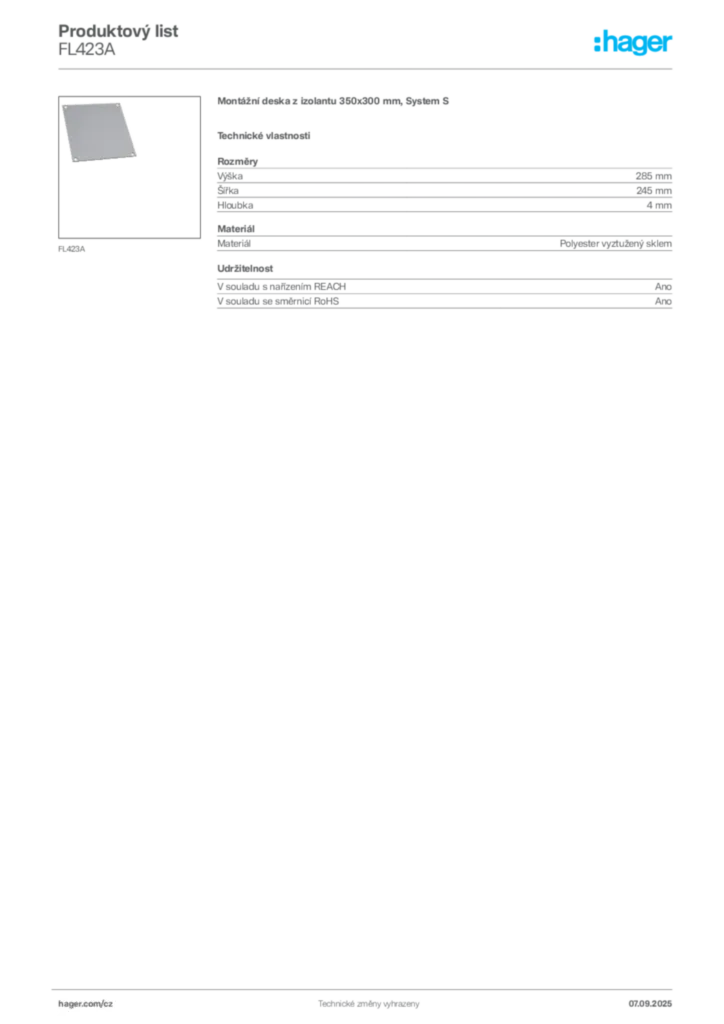 Obrázek Hager Produktový list FL423A | Hager