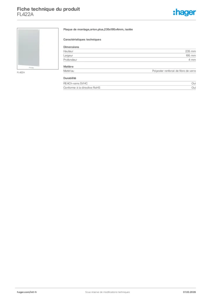 Image Hager Fiche technique du produit FL422A | Hager Afrique