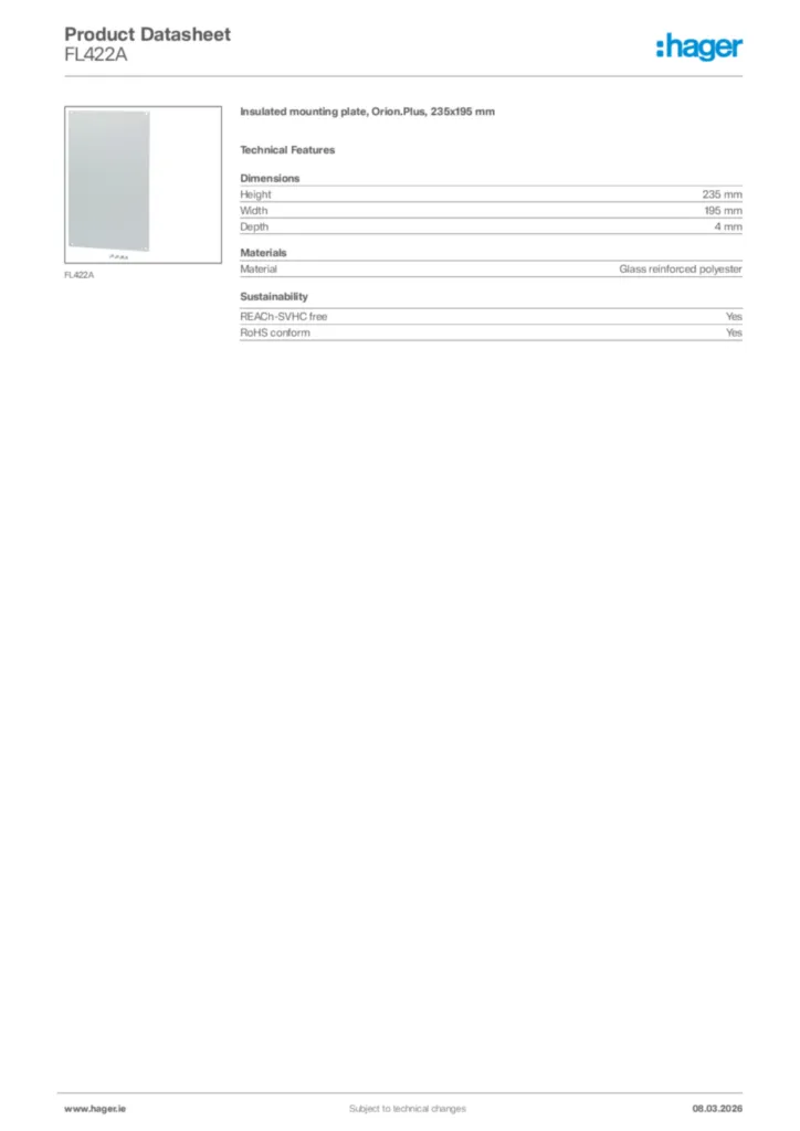 Image Hager Product data sheet FL422A  | Hager