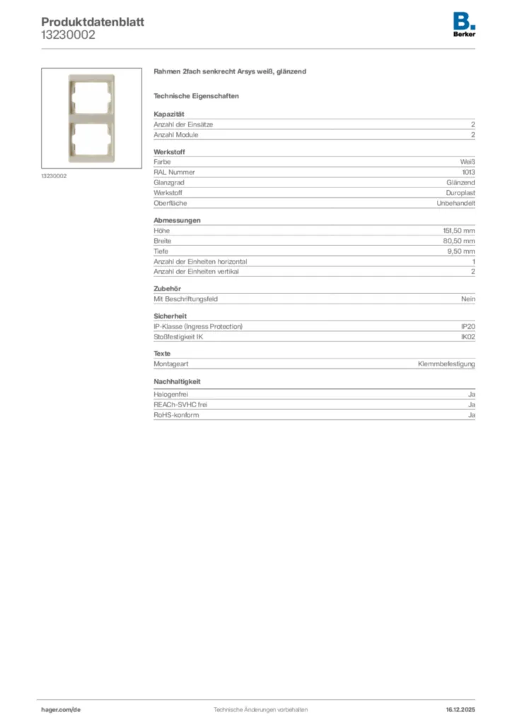 Bild Berker Produktdatenblatt 13230002 | Hager Deutschland