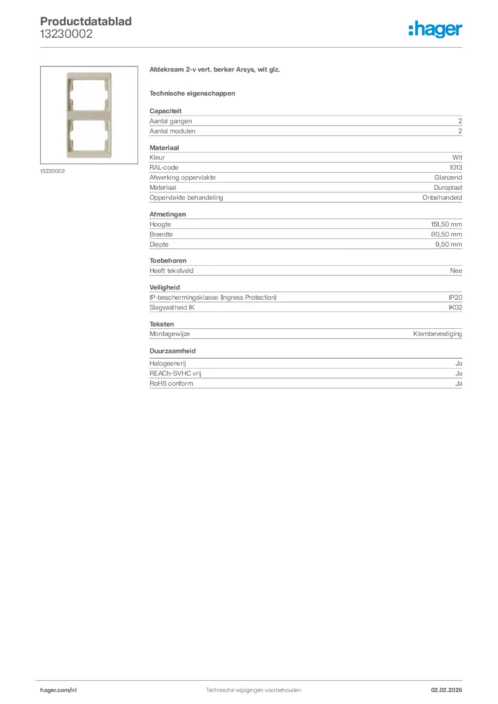 Afbeelding Hager Productdatablad 13230002 | Hager Nederland