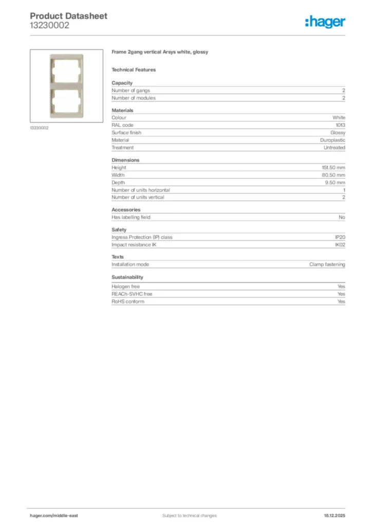 Image Hager Product data sheet 13230002  | Hager