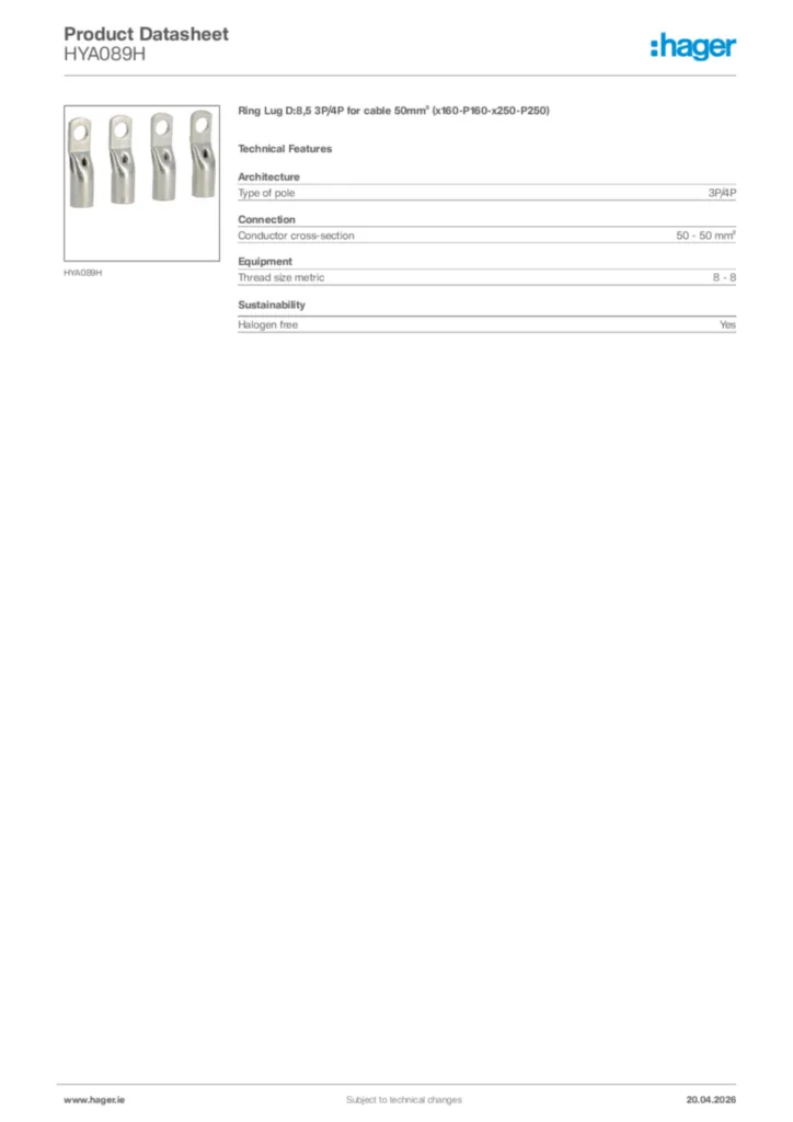 Image Hager Product data sheet HYA089H  | Hager
