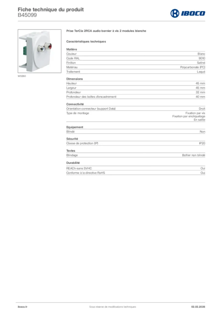 Image Iboco Fiche technique du produit B45099 | Hager France