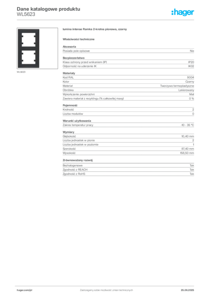 Zdjęcie Hager Karta katalogowa WL5623 | Hager Polska