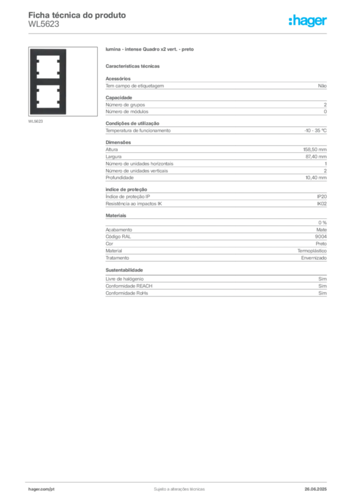 Imagem Hager Ficha técnica do produto WL5623 | Hager Portugal