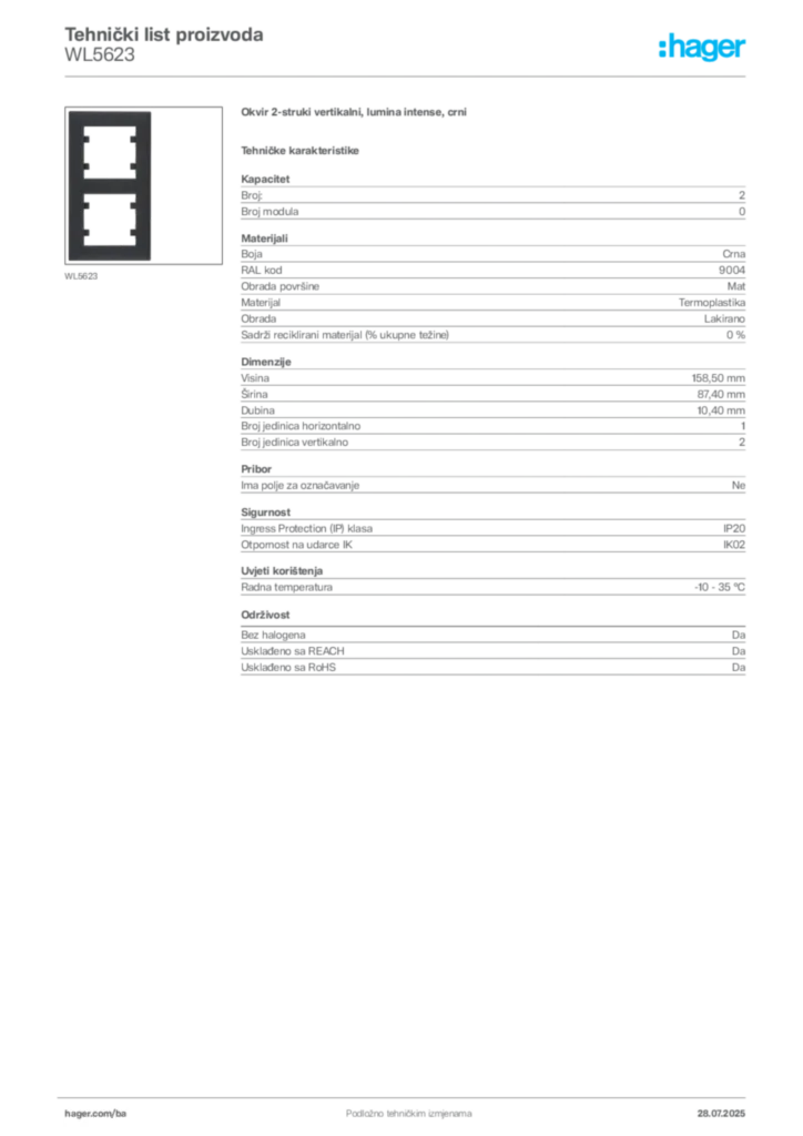 Slika Hager Product data sheet WL5623  | Hager
