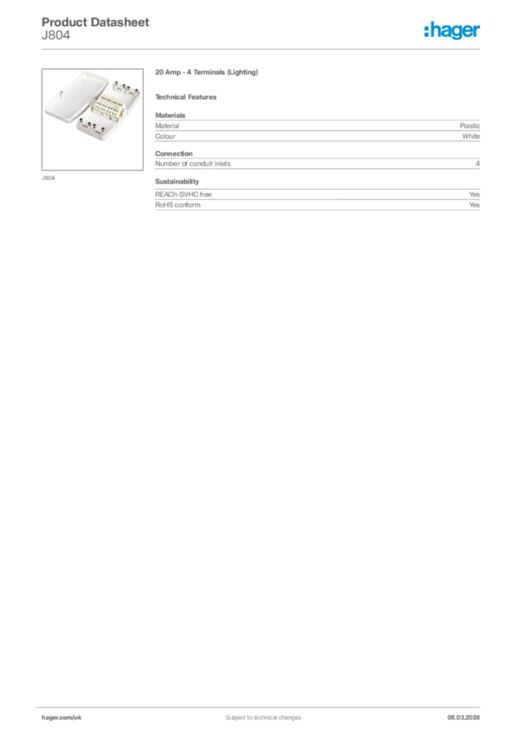 Image Hager Product data sheet J804  | Hager