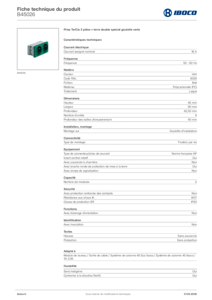 Image Iboco Fiche technique du produit B45026 | Hager France