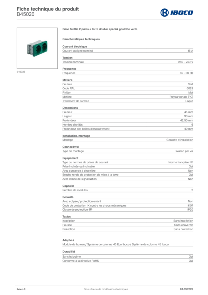 Image Iboco Fiche technique du produit B45026 | Hager France