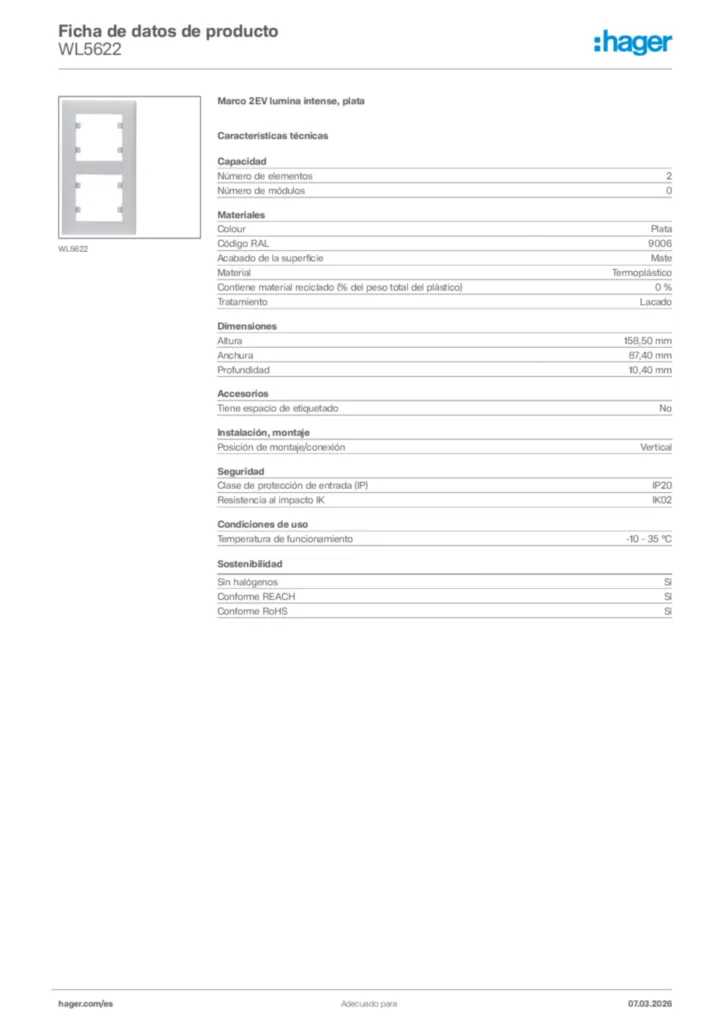 Imagen Hager Ficha de datos de producto WL5622 | Hager España