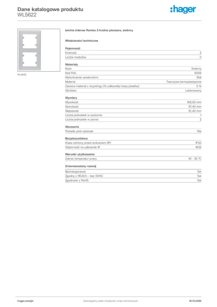 Zdjęcie Hager Karta katalogowa WL5622 | Hager Polska