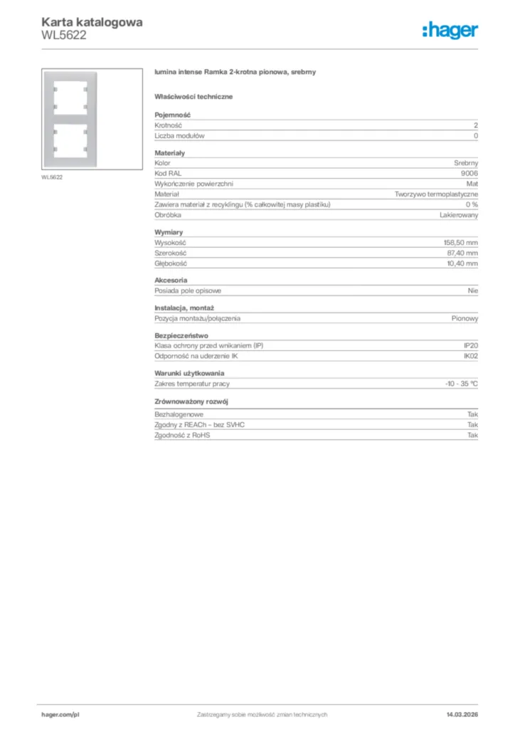 Zdjęcie Hager Karta katalogowa WL5622 | Hager Polska
