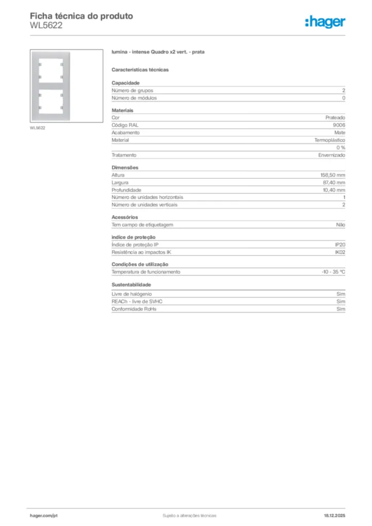 Imagem Hager Ficha técnica do produto WL5622 | Hager Portugal