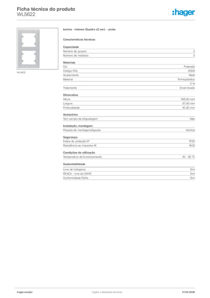 Imagem Hager Ficha técnica do produto WL5622 | Hager Portugal