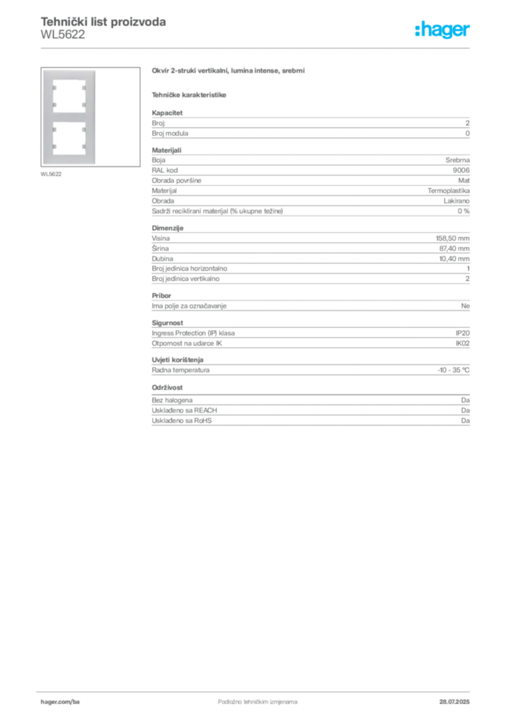 Slika Hager Product data sheet WL5622  | Hager