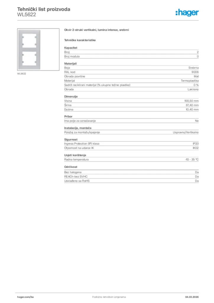 Slika Hager Tehnički list proizvoda WL5622  | Hager