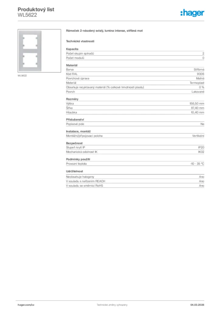 Obrázek Hager Product data sheet WL5622 | Hager