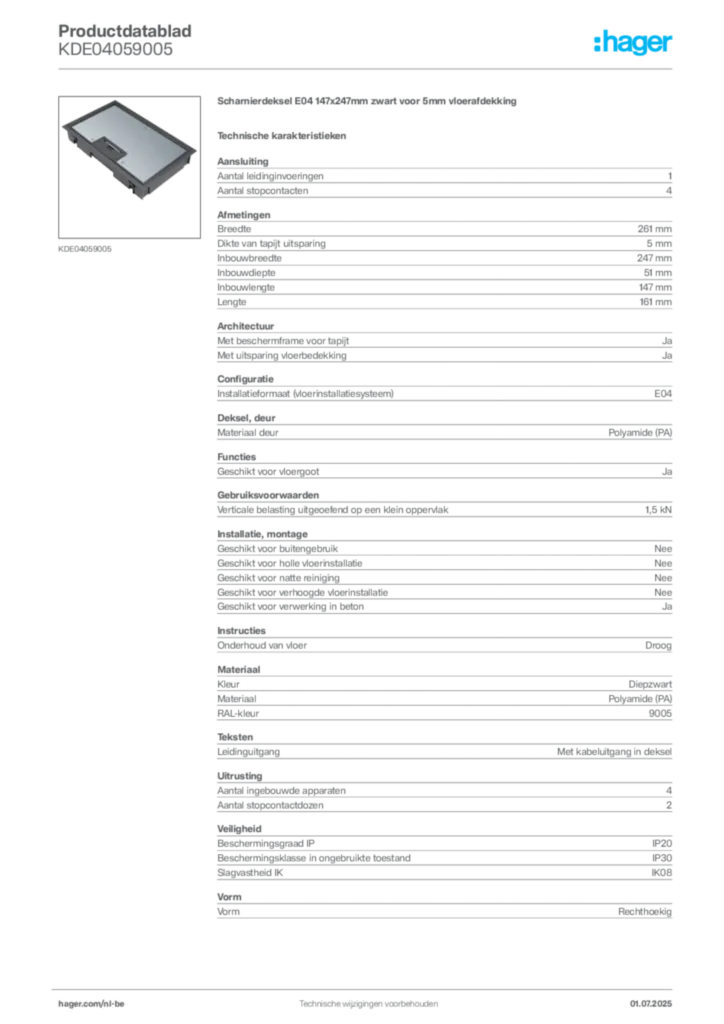 Afbeelding Hager Productdatablad KDE04059005 | Hager Belgium