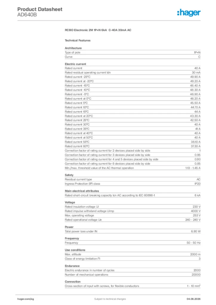 Image Hager Product data sheet AD640B  | Hager