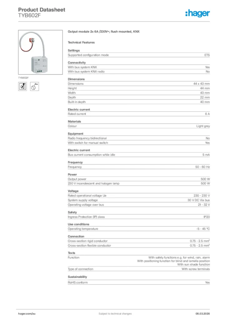 Image Hager Product data sheet TYB602F  | Hager Australia
