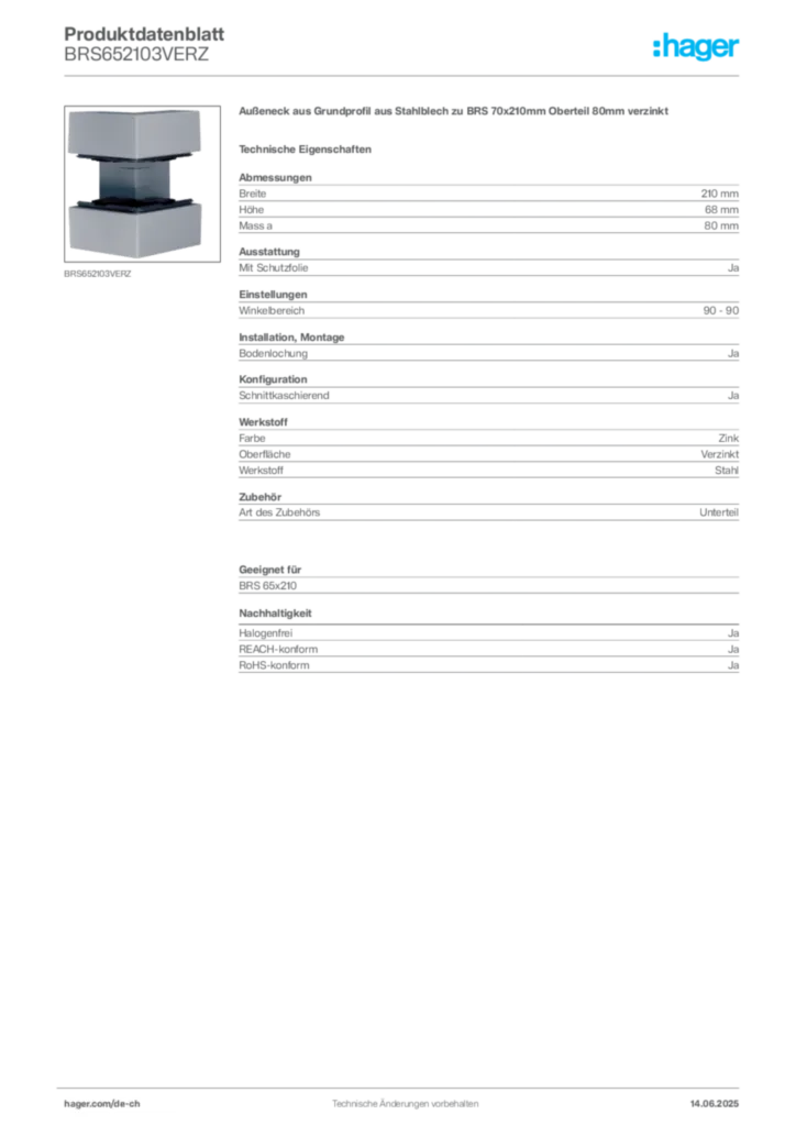 Bild Hager Produktdatenblatt BRS652103VERZ | Hager Schweiz