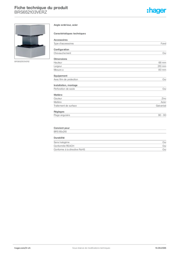 Image Hager Fiche technique du produit BRS652103VERZ | Hager Suisse