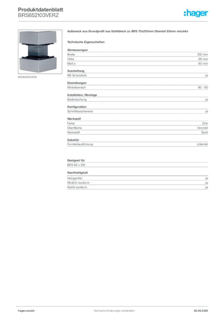 Bild Hager Produktdatenblatt BRS652103VERZ | Hager Deutschland