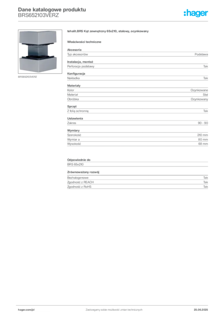 Zdjęcie Hager Karta katalogowa BRS652103VERZ | Hager Polska