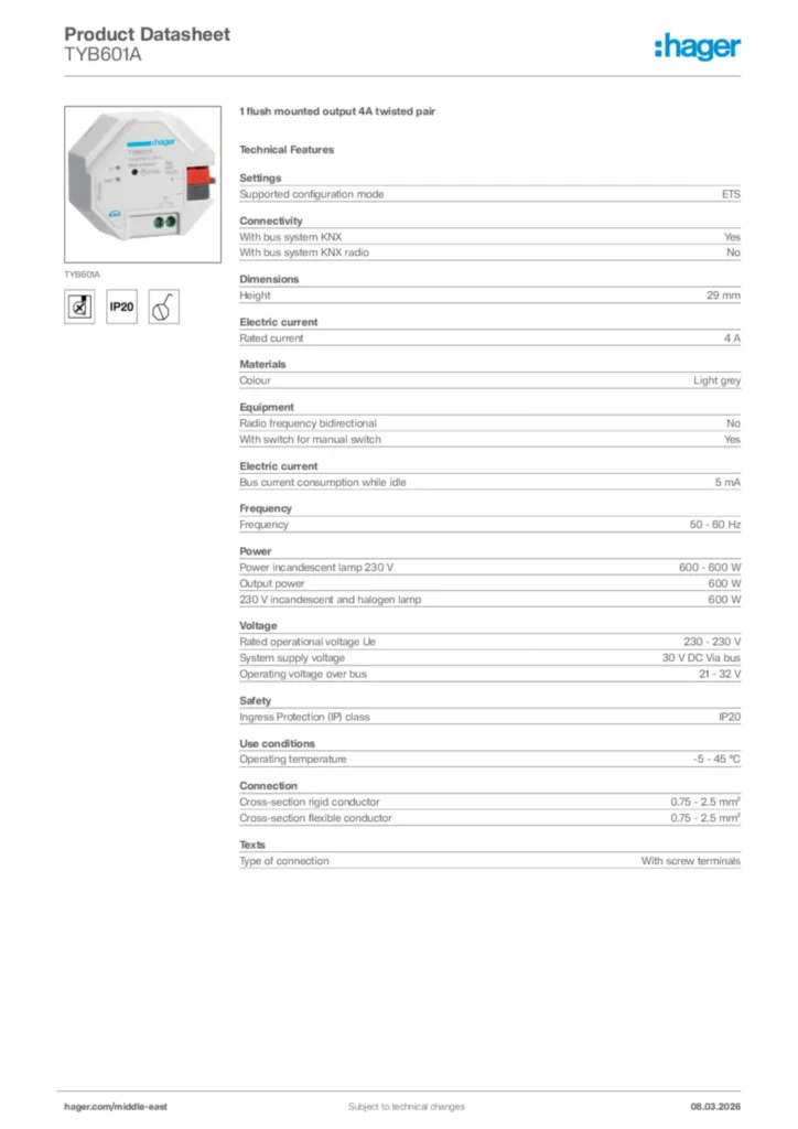 Image Hager Product data sheet TYB601A  | Hager