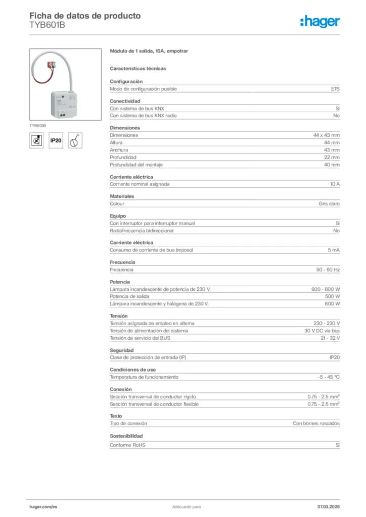 Imagen Hager Ficha de datos de producto TYB601B | Hager España