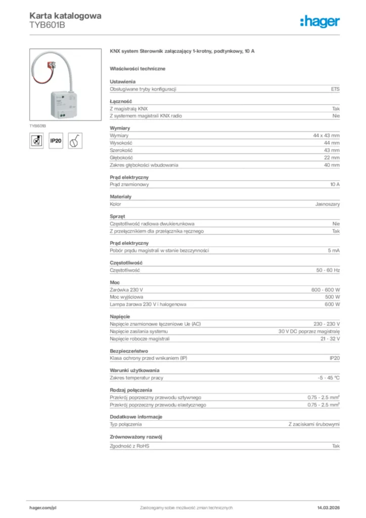 Zdjęcie Hager Karta katalogowa TYB601B | Hager Polska