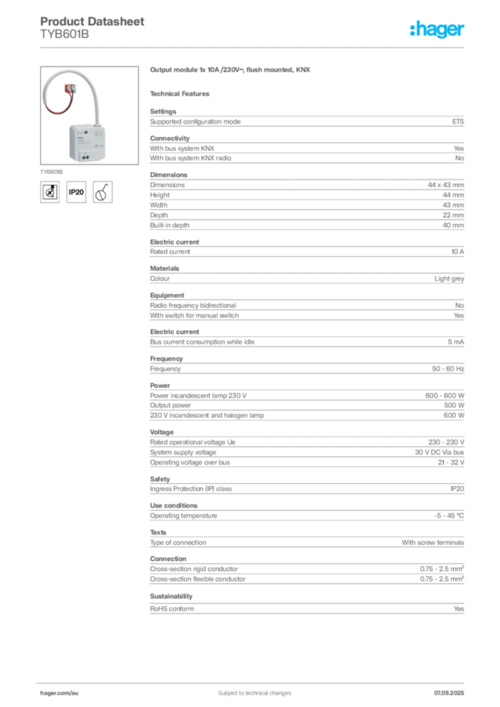 Image Hager Product data sheet TYB601B  | Hager Australia