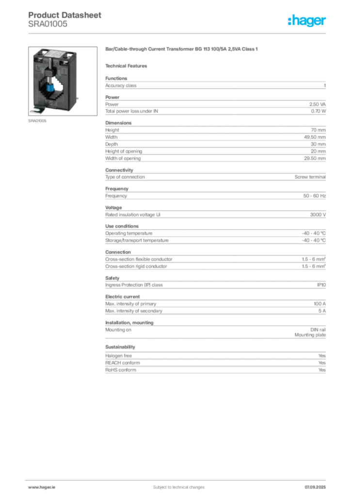 Image Hager Product data sheet SRA01005  | Hager