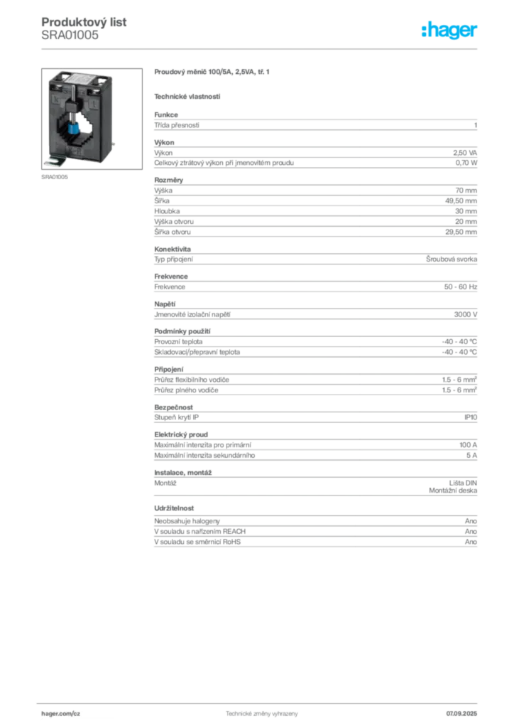 Obrázek Hager Produktový list SRA01005 | Hager