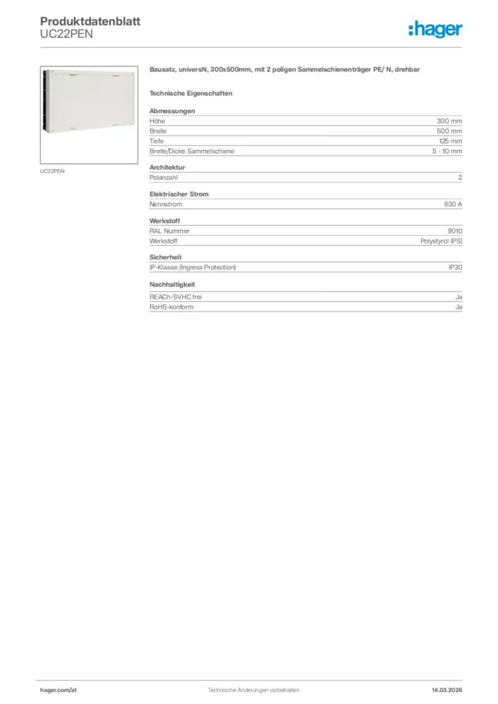 Bild Hager Produktdatenblatt UC22PEN | Hager Deutschland