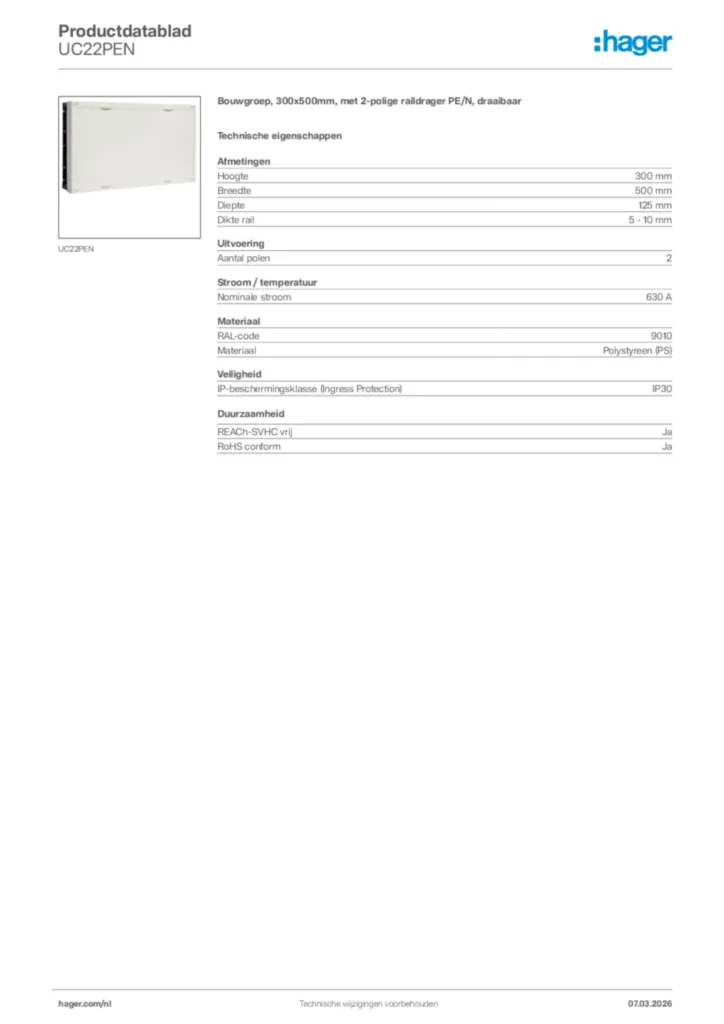 Afbeelding Hager Productdatablad UC22PEN | Hager Nederland