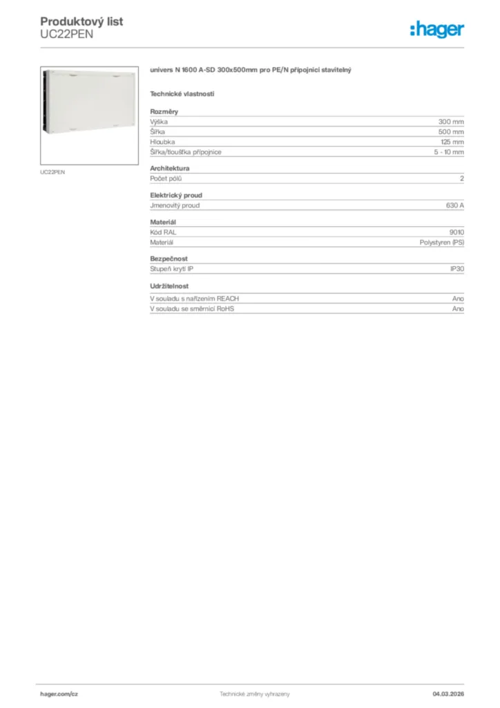 Obrázek Hager Product data sheet UC22PEN | Hager
